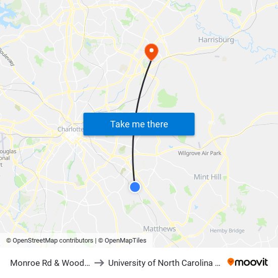 Monroe Rd & Woodberry Rd to University of North Carolina at Charlotte map