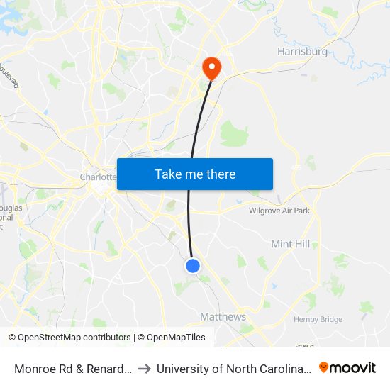 Monroe Rd & Renard Ridge Rd to University of North Carolina at Charlotte map