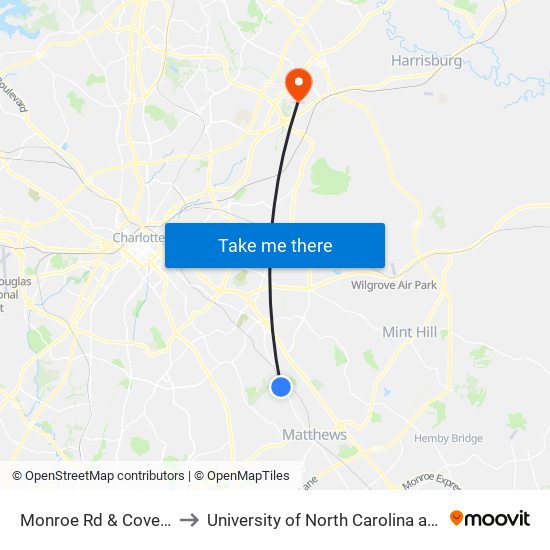 Monroe Rd & Covedale Dr to University of North Carolina at Charlotte map