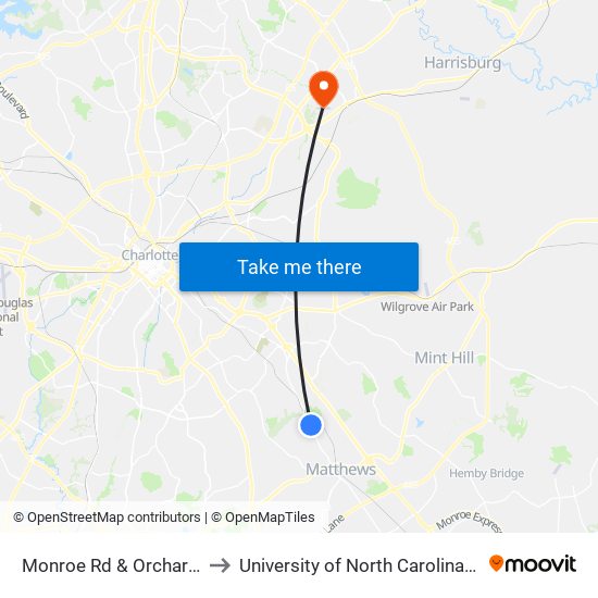 Monroe Rd & Orchard Lake Dr to University of North Carolina at Charlotte map