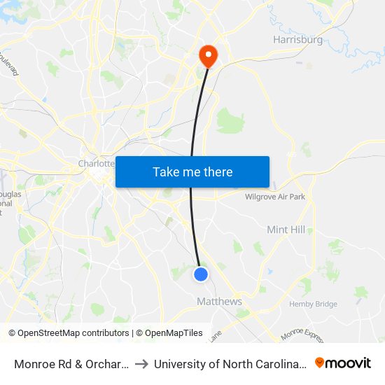 Monroe Rd & Orchard Lake Dr to University of North Carolina at Charlotte map