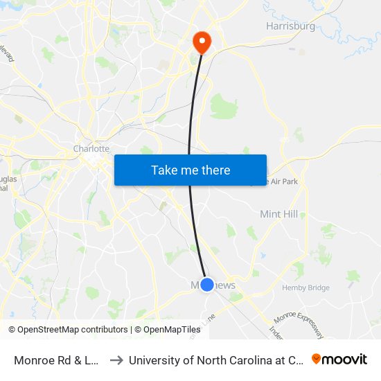 Monroe Rd & Lois St to University of North Carolina at Charlotte map