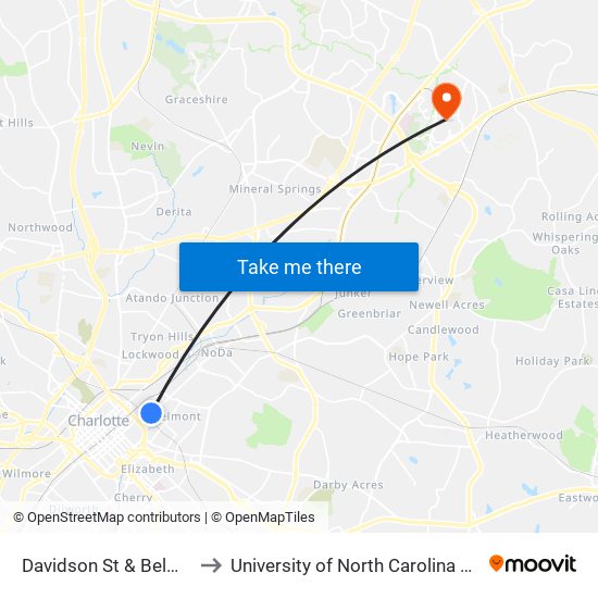 Davidson St & Belmont Ave to University of North Carolina at Charlotte map