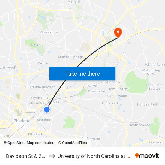 Davidson St & 26th St to University of North Carolina at Charlotte map