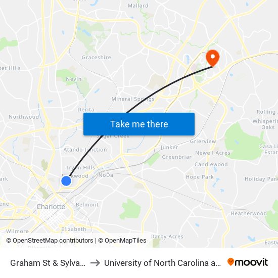 Graham St & Sylvania Ave to University of North Carolina at Charlotte map