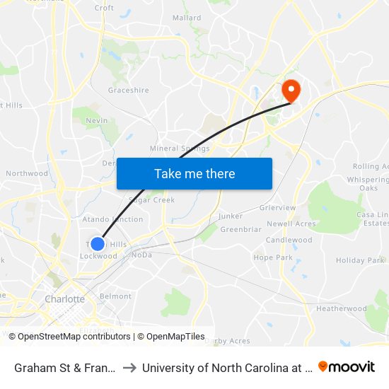 Graham St & Franklin Av to University of North Carolina at Charlotte map