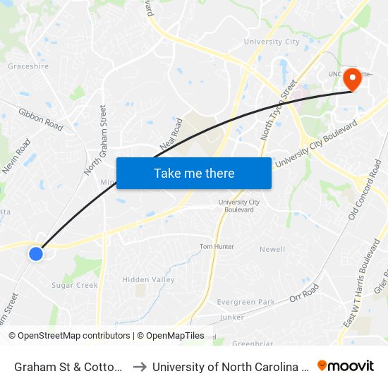 Graham St & Cottonwood St to University of North Carolina at Charlotte map