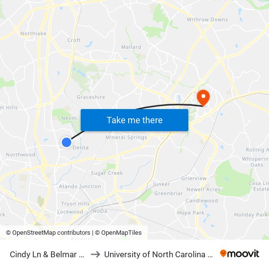 Cindy Ln & Belmar Place Rd to University of North Carolina at Charlotte map