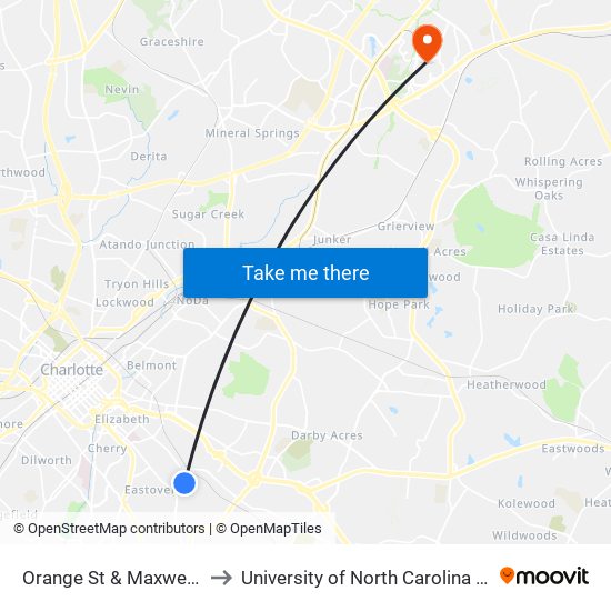 Orange St & Maxwell Ariel Ln to University of North Carolina at Charlotte map