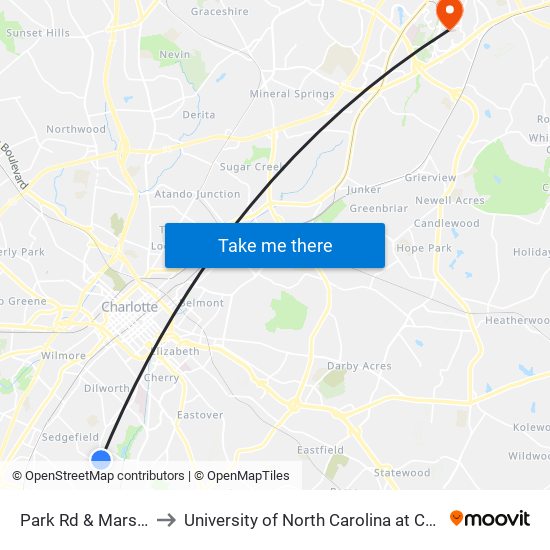 Park Rd & Marsh Rd to University of North Carolina at Charlotte map