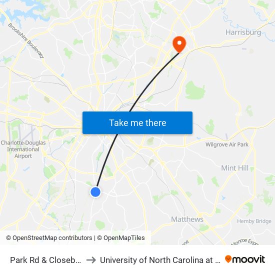 Park Rd & Closeburn Rd to University of North Carolina at Charlotte map