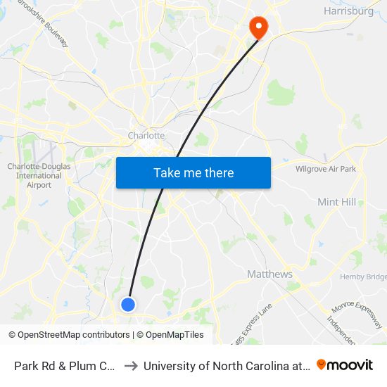 Park Rd & Plum Creek Ln to University of North Carolina at Charlotte map