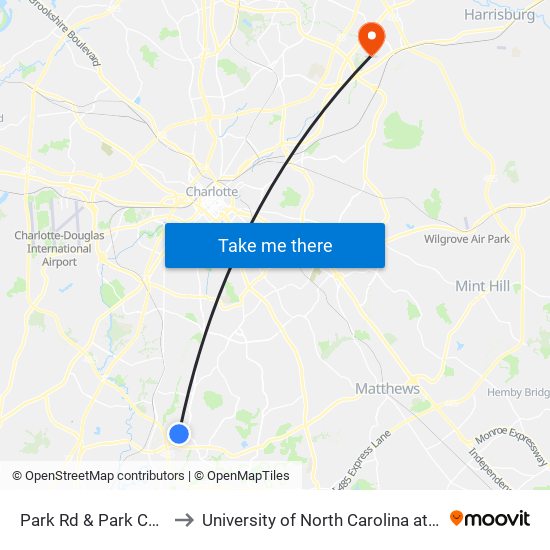 Park Rd & Park Cedar Dr to University of North Carolina at Charlotte map