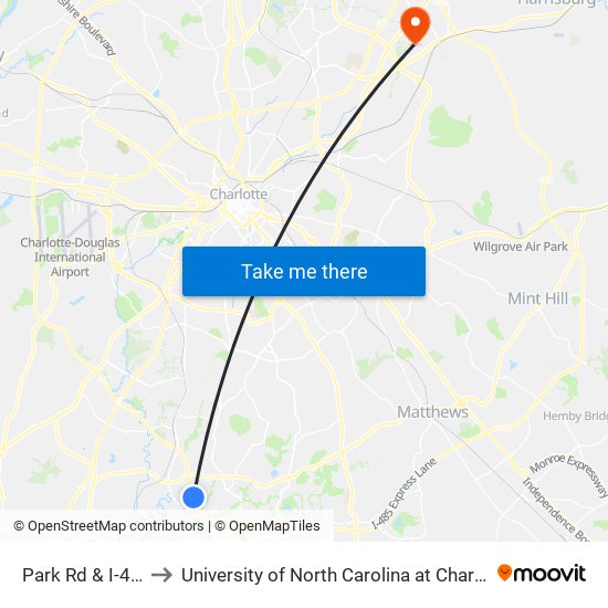 Park Rd & I-485 to University of North Carolina at Charlotte map