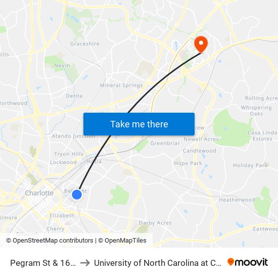 Pegram St & 16th St to University of North Carolina at Charlotte map