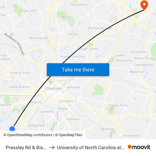 Pressley Rd & Bishop Dr to University of North Carolina at Charlotte map