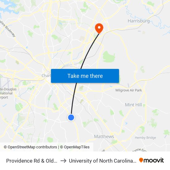 Providence Rd & Old Sardis Rd to University of North Carolina at Charlotte map