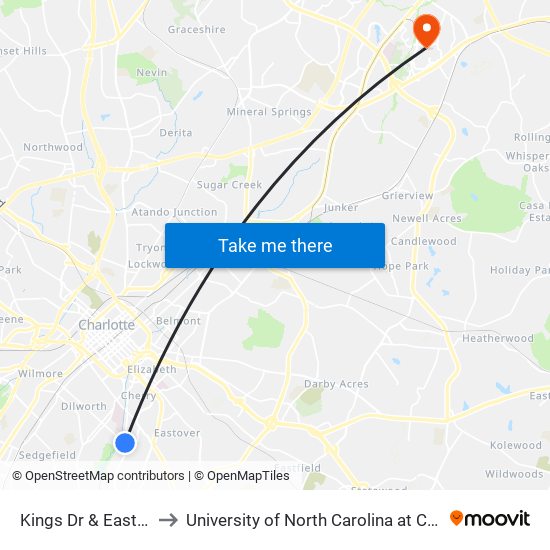 Kings Dr & East Blvd to University of North Carolina at Charlotte map