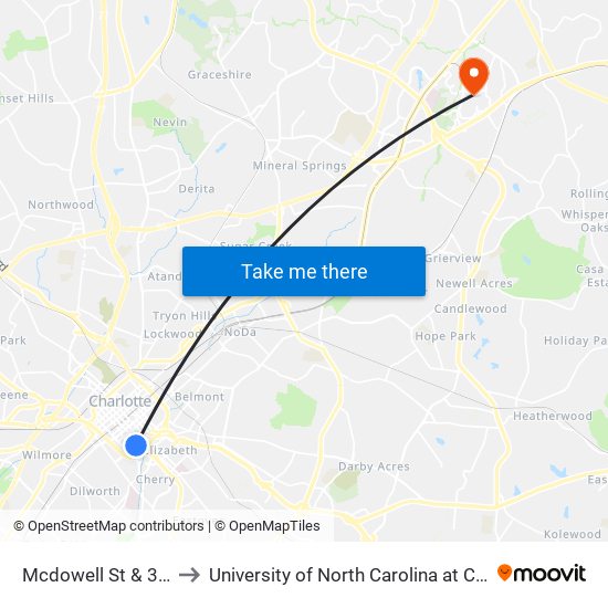 Mcdowell St & 3rd St to University of North Carolina at Charlotte map