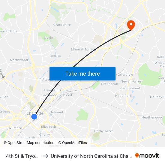 4th St & Tryon St to University of North Carolina at Charlotte map