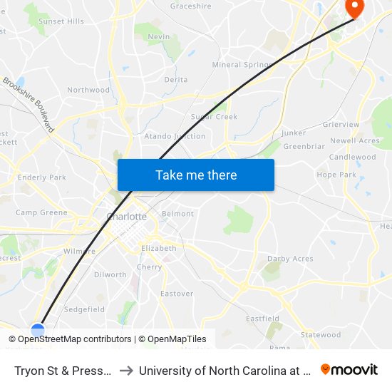 Tryon St & Pressley Rd to University of North Carolina at Charlotte map