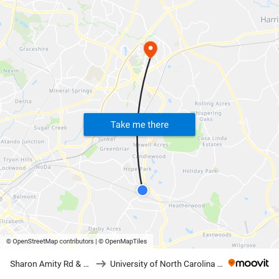 Sharon Amity Rd & Milton Rd to University of North Carolina at Charlotte map