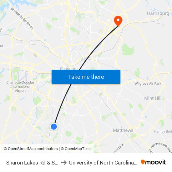 Sharon Lakes Rd & South Blvd to University of North Carolina at Charlotte map