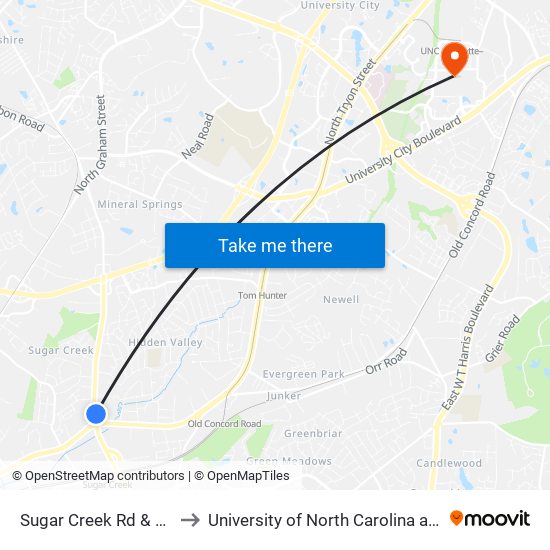 Sugar Creek Rd & Tryon St to University of North Carolina at Charlotte map