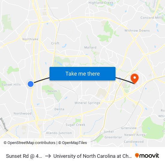 Sunset Rd @ 4525 to University of North Carolina at Charlotte map