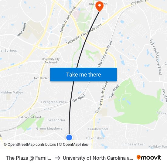 The Plaza @ Family Dollar to University of North Carolina at Charlotte map