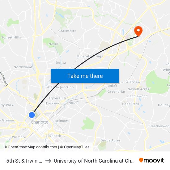 5th St & Irwin Ave to University of North Carolina at Charlotte map