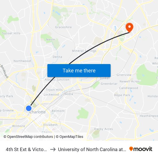 4th St Ext & Victoria Ave to University of North Carolina at Charlotte map