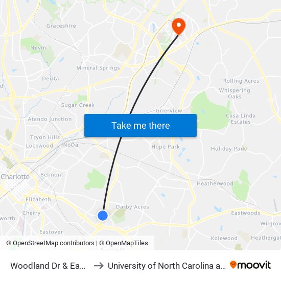 Woodland Dr & Eastway Dr to University of North Carolina at Charlotte map