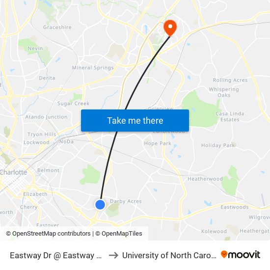 Eastway Dr @ Eastway Shopping Center to University of North Carolina at Charlotte map