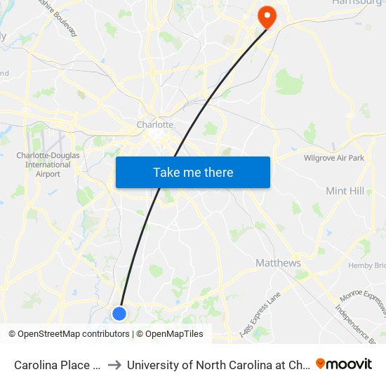 Carolina Place Mall to University of North Carolina at Charlotte map