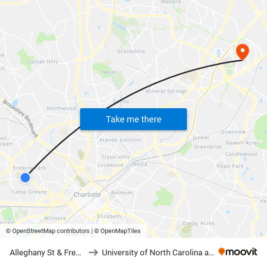 Alleghany St & Freedom Dr to University of North Carolina at Charlotte map