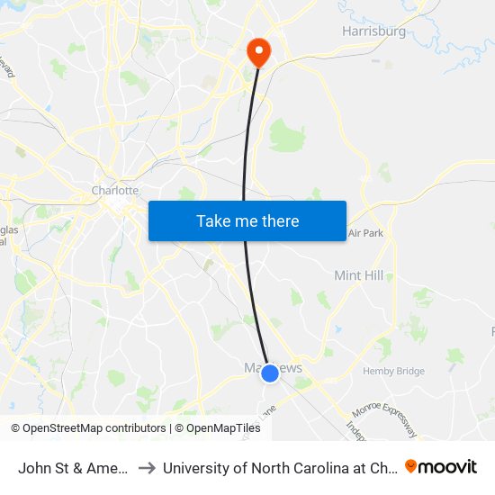 John St & Ames Rd to University of North Carolina at Charlotte map