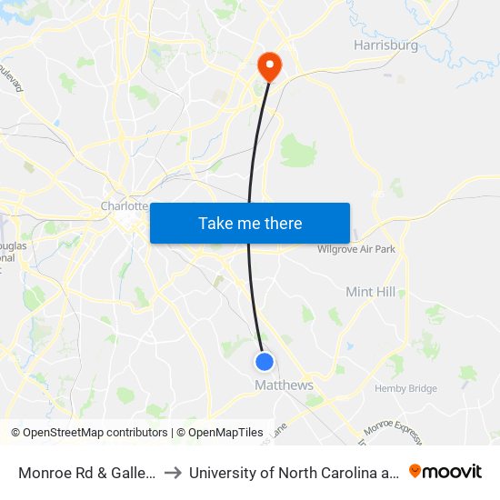 Monroe Rd & Galleria Blvd to University of North Carolina at Charlotte map