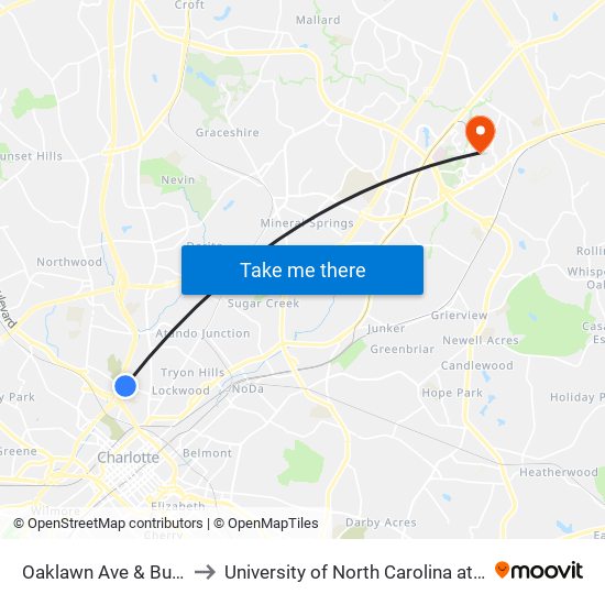 Oaklawn Ave & Burton St to University of North Carolina at Charlotte map