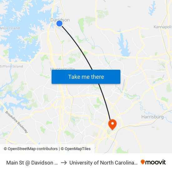 Main St @ Davidson Town Hall to University of North Carolina at Charlotte map