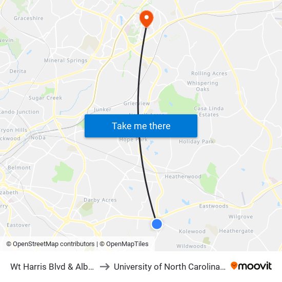 Wt Harris Blvd & Albemarle Rd to University of North Carolina at Charlotte map