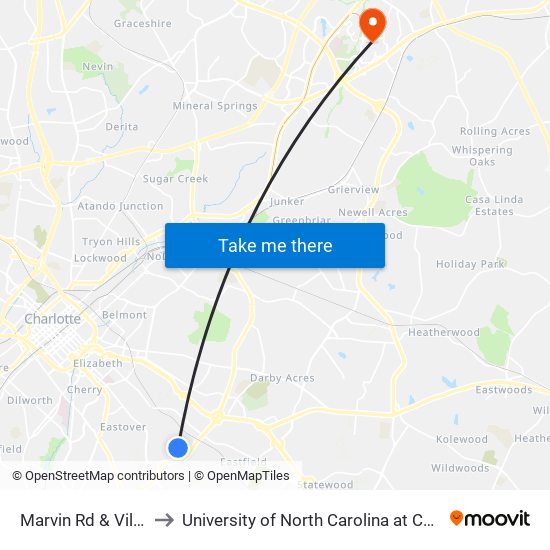 Marvin Rd & Villa Ct to University of North Carolina at Charlotte map