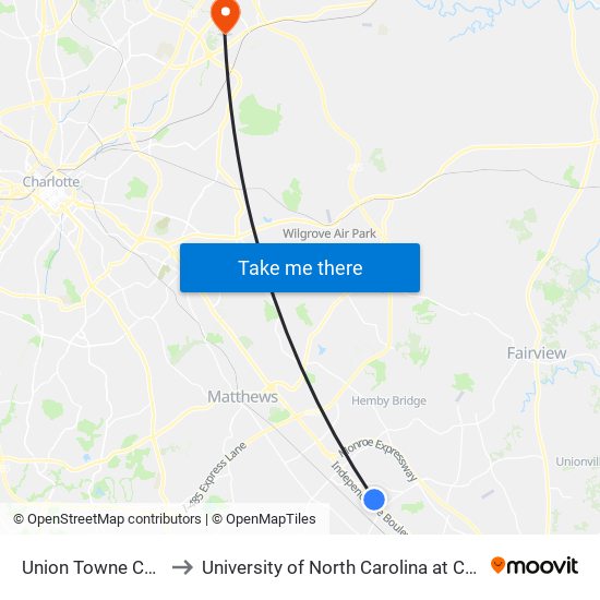 Union Towne Center to University of North Carolina at Charlotte map