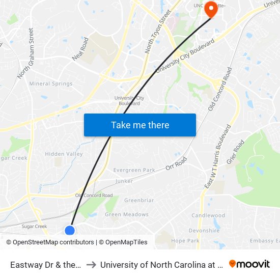 Eastway Dr & the Plaza to University of North Carolina at Charlotte map