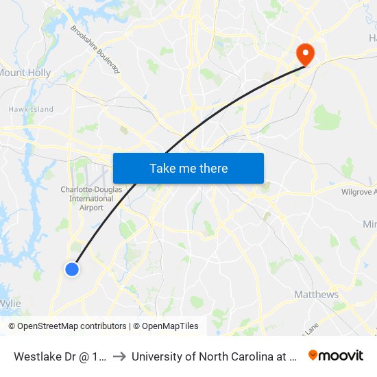 Westlake Dr @ 10601 to University of North Carolina at Charlotte map