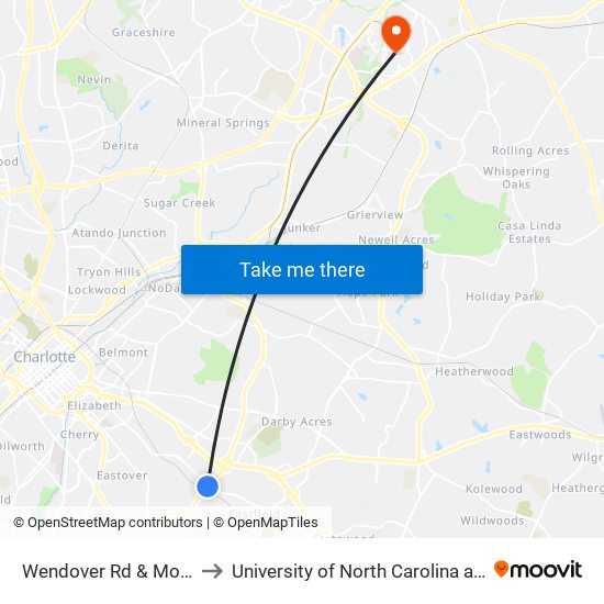 Wendover Rd & Monroe Rd to University of North Carolina at Charlotte map