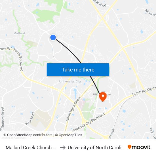 Mallard Creek Church & David Taylor to University of North Carolina at Charlotte map