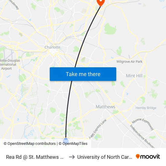 Rea Rd @ St. Matthews Church Park & Ride to University of North Carolina at Charlotte map