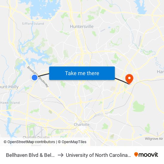 Bellhaven Blvd & Bellhaven Cir to University of North Carolina at Charlotte map