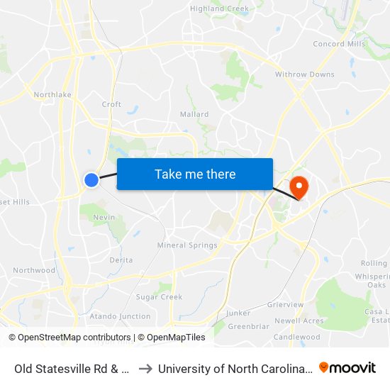 Old Statesville Rd & Gibbon Rd to University of North Carolina at Charlotte map